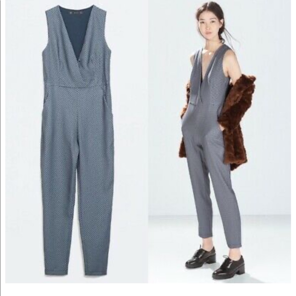 Zara Trafaluc Blue Tie Geometric Jumpsuit XS